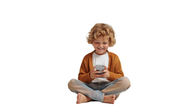 A young boy happily sits on a white floor, engrossed in using a cell phone with transparent background.