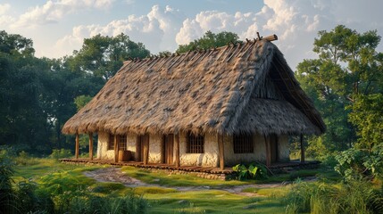 huge family longhouse for a tropical ecosystem, walls of white clay brick, thatched roofs, building built on wooden stilts over grass, wattle and daub house, windows with wooden panels, 