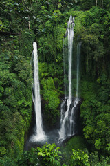 The majestic Sekumpul Waterfall in Bali cascades through lush greenery, creating a breathtaking natural spectacle.