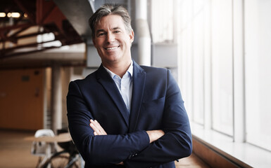 Confident, crossed arms and portrait of businessman in office with happiness for corporate career....
