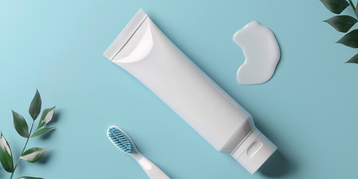 White toothpaste tube mockup with toothbrush and leaves on a blue background