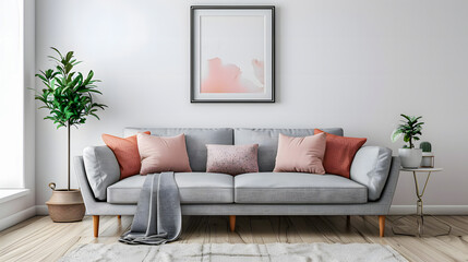 Grey sofa with pink pillows and blanket against white wall with abstract art poster. Interior design of modern living room