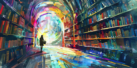 Obraz premium The Cosmic Library: Religions as Books in the Library of Humanity - Imagine different religions as books in a vast library, each containing the wisdom, beliefs, and stories of a unique spiritual tradi