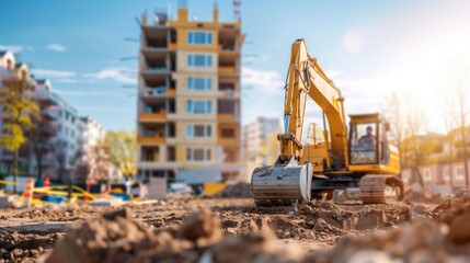 Yellow Excavator Operating at a Busy Urban Construction Site in Daylight