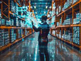 worker is standing in a warehouse with a virtual reality headset on.