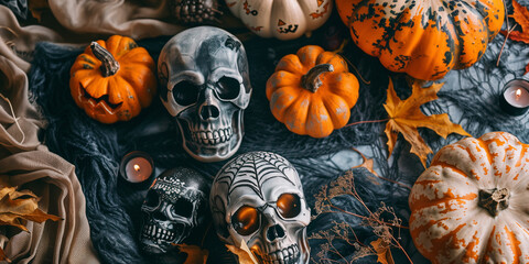 A Halloween flatlay featuring pumpkins, skulls, candles, and fall leaves halloween