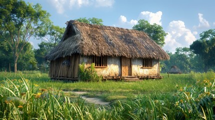 huge family longhouse for a tropical ecosystem, walls of white clay brick, thatched roofs, building built on wooden stilts over grass, wattle and daub house, windows with wooden panels, 