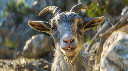 White goat grazing on a green mountain pasture close-up