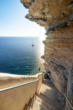 View of King of Aragon staircase at Bonifacio, mediterrranean coastal town in summer, island of Corsica, France