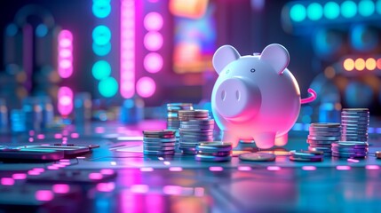 Piggy bank surrounded by stacks of coins