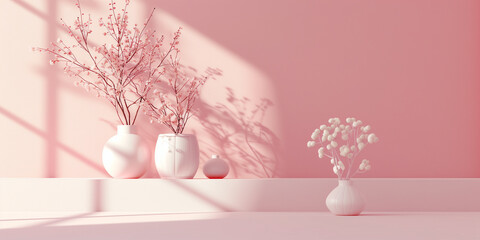 Minimalist pink flowers in white vases with sunlight streaming through the window