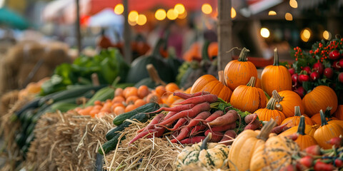 A bountiful display of pumpkins, carrots, and other fall produce at a bustling farmers market