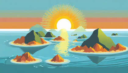 Sunset over many little islands scattered on ocean