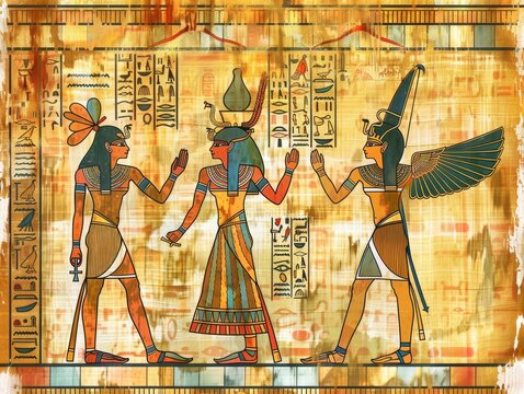 The painting depicts four Egyptian figures, each holding a staff