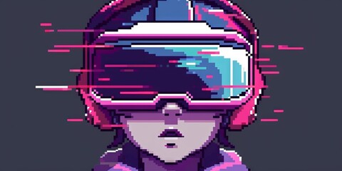 Fototapeta premium Man wearing virtual reality glasses, depicted in digital illustration style with bright neon colors and abstract lines