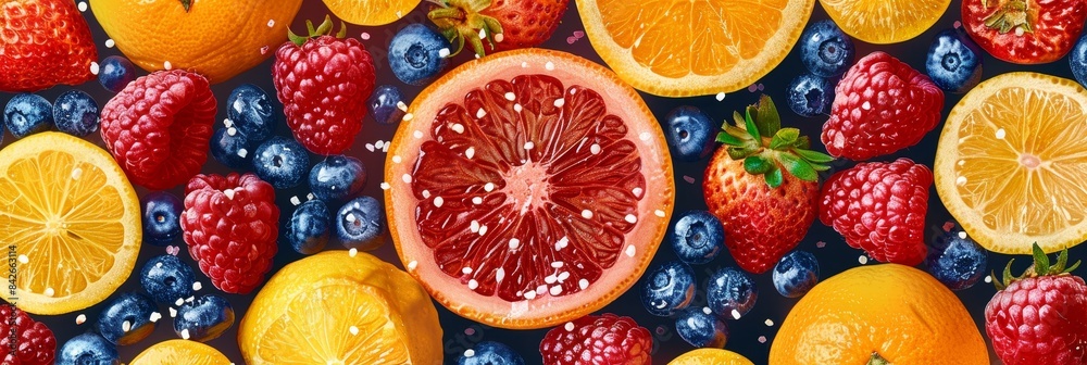 Wall mural colorful fruit background with lemon, orange, raspberry, and blueberry - Wall murals