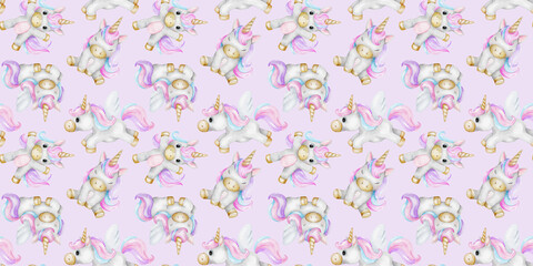 Print of cute little unicorns. Background of baby ponies. Watercolor hand drawn seamless pattern for children's rooms, goods, clothes, postcards, baby shower and nursery, fabric