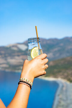 View of an ice cold lemonade at Plage de Nonza during summer, island of Corsica, France