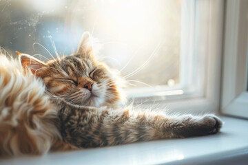 striped fluffy cat sleeps on the windowsill in the early morning, illuminated by the sun, close-up. Comfortable sleep