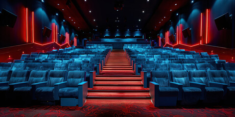 Empty movie theater with rows of comfortable blue seats, illuminated by ambient lighting. The cinema hall features a modern design, providing a spacious and inviting environment for moviegoers..