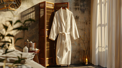Soft comfortable bathrobe hanging on folding screen 