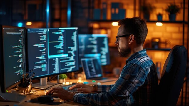 A software developer works on code late into the night, illuminated by the glow of multiple computer screens in a modern office. AIG41
