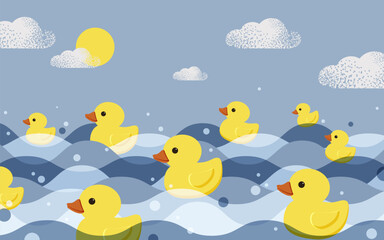 Yellow rubber ducklings swim on the sea waves or river. Holiday National Rubber Duck Day. Vector.