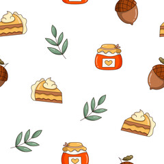 Autumn object mushroom cup of coffee leaf acorn jar cake pumpkin plaid. Seamless pattern. Season time of year. Vector drawing. Design ornaments.