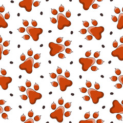 Fototapeta premium Animal paw print. Seamless pattern. Different traces of wildlife. Vector drawing. Design ornaments.