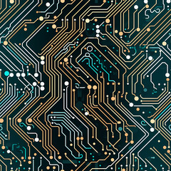 Seamless electronic circuit board pattern with intricate golden pathways