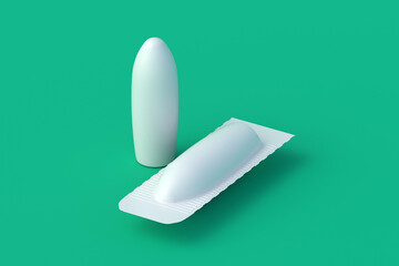 Suppositories for vaginal or anal use on green background. Candles for treatment of hemorrhoids or inflammation. Medical suppositories. Pharmaceutical products. 3d render