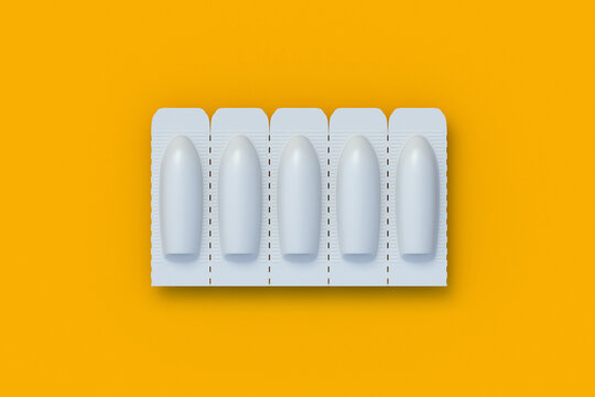 Row of suppositories for vaginal or anal use on orange background. Candles for treatment of hemorrhoids or inflammation. Medical suppositories. Pharmaceutical products. Top view. 3d render