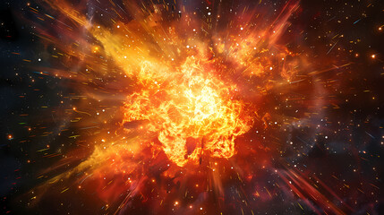 Naklejka premium Fiery explosion in space with bright bursts of orange and red flames