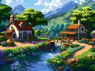 Obraz premium pixel art illustration of a cozy village in summer with vibrant green roofs and blooming flowers