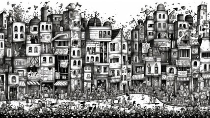 Intricate black and white image of a bustling cityscape. Digital artwork of Detailed artwork for urban design, posters, and creative storytelling. Line art of modern architectural building. AIG35.