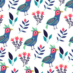Seamless pattern with funny bright exotic tropical fantasy birds and flowers  on white. Great for fabrics, especially for linens, wrapping papers, wallpapers, covers. Vector illustration in flat style