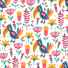 Seamless pattern with funny bright exotic tropical fantasy birds and flowers  on white. Great for fabrics, especially for linens, wrapping papers, wallpapers, covers. Vector illustration in flat style