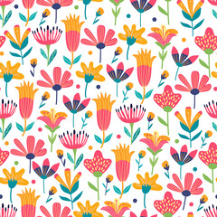 Floral seamless pattern with  bright exotic tropical flowers and leaves  on white. Great for fabrics, especially for linens, wrapping papers, wallpapers, covers. Vector illustration in flat style