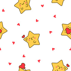 Cute kawaii stars character with different happy expression activity. Seamless pattern. Hand drawn style. Vector drawing. Design ornaments.