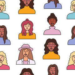 Women avatars. Seamless pattern. Portrait of casual female with different hairstyles and outfits. User profiles. Hand drawn style. Vector drawing. Design ornaments.