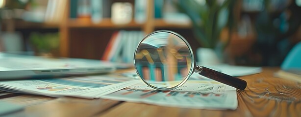 Magnifying glass on table full of business graphs, charts documents. Concept of Financial development, Business, Banking Account, Statistics, Searching, looking for, Data, Tax Day