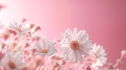 Spring Daisy frame white flowers against soft pink pastel background. Minimal styled concept