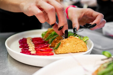 Close-up of a chef’s hands artistically garnishing a gourmet dish with sauce, showcasing culinary...