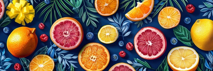 Elegant Abstract Fruit Background With Citrus and Berries on Blue