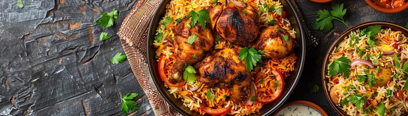 Chicken biryani in a traditional dish, surrounded by vibrant sides, rich colors, and textures
