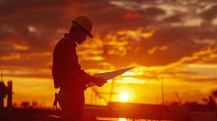 Fototapeta premium The sun sets behind a hardworking laborer who meticulously measures his blueprint before beginning construction.