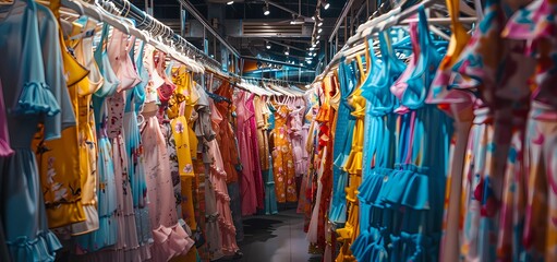 Immerse yourself in the sensory delights of a Hong Kong store filled with racks of colorful summer dresses. captured in an authentic snapshot that encapsulates the city's bustling energy.