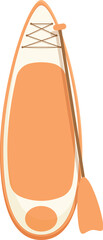 Orange and white paddle board with paddle leaning against wall ready for ocean adventure