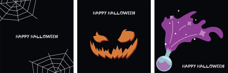 a set of stylish minimalistic posters, Halloween postcards. Spider web, potion and Jack on a black background