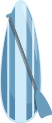 Blue and white paddle board with a paddle is leaning on a white background